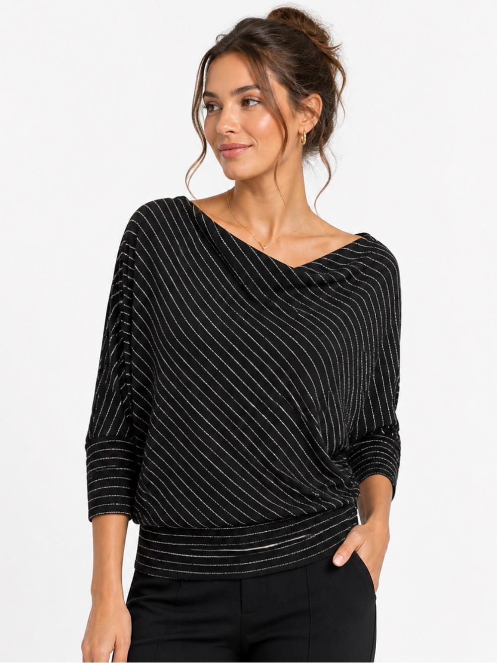 Jennifer Lopez Metallic Stripe Dolman Knit Top Black 3/4 Sleeve Women’s -Size XS